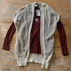 Time and Tru | Cream with Gold Metallic Flex Crochet Open-Knit Cardigan